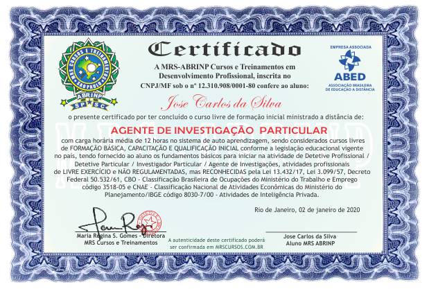 certificado curso Agente de Investigação particular Mato Grosso