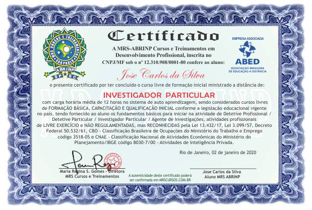 certificado curso detetive Criminal particular Mato Grosso