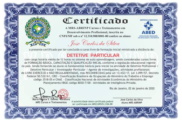 certificado curso detetive particular Mato Grosso