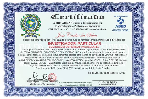 certificado curso Perito Investigador Particular Mato Grosso